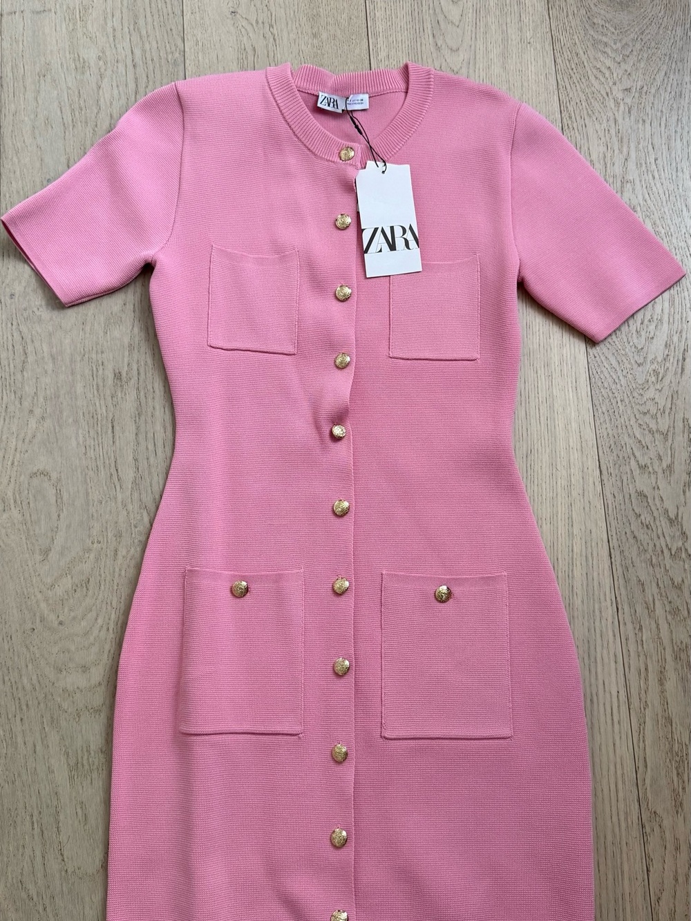 ZARA Pink Short-Sleeve Button-Front Midi Dress